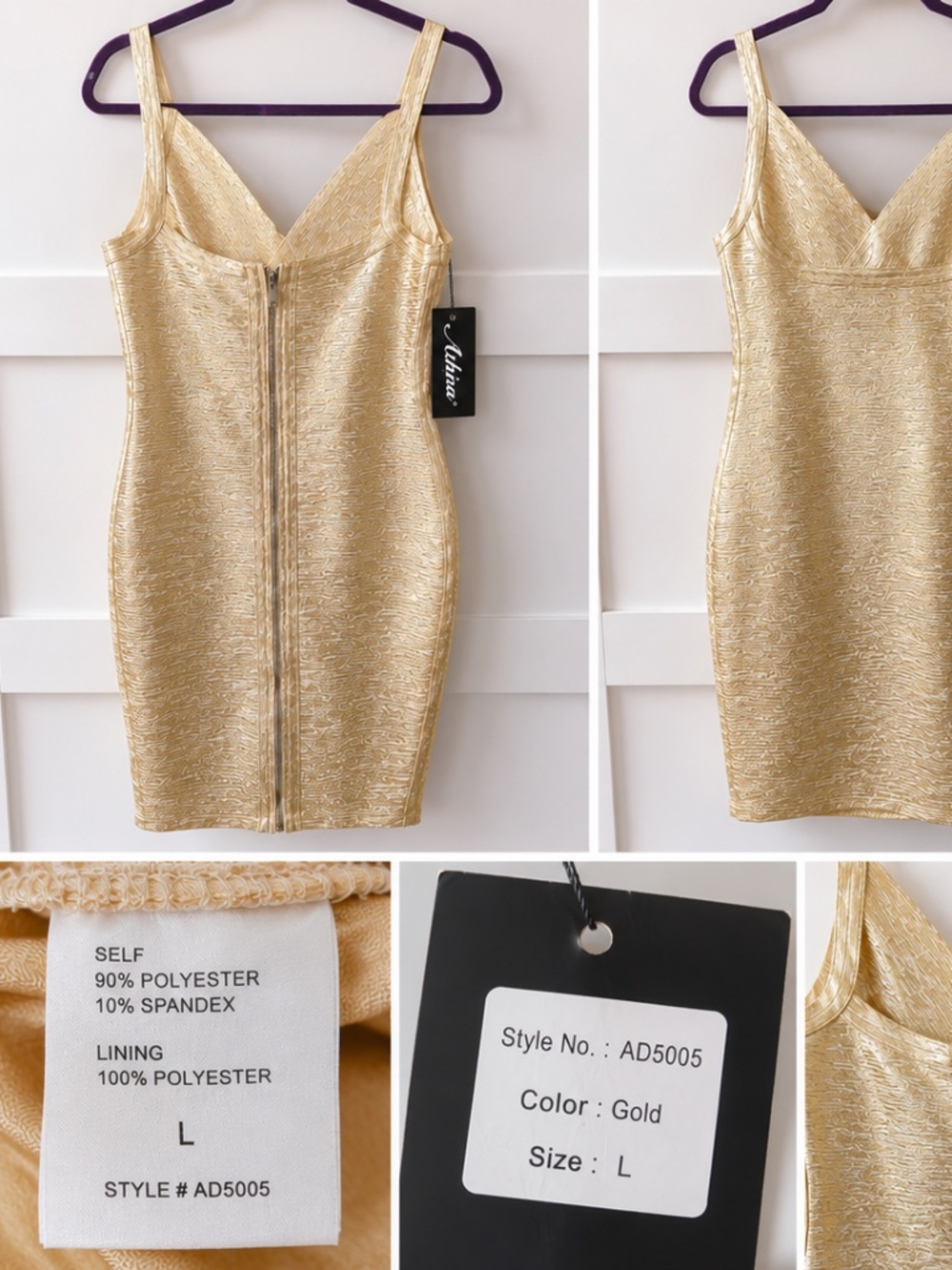 New with Tags Athina Metallic Gold Bodycon Mini Dress | Size Large